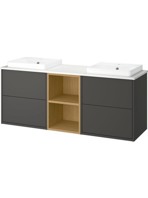 IKEA Koyu Gri-Meşe-Beyaz Mermer Çift Lavabolu Banyo Dolabı 162X49X71 cm