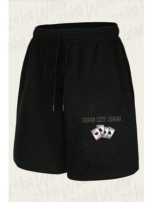 Zoka Wear Kiss My Ace Poker Kart Iskambil Mizah Baskılı Şort Unisex