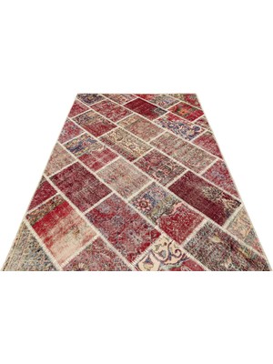 Hali.Net Bordo Bej Patchwork Desenli Modern El Dokuma Salon Halısı Dikdörtgen Koridor