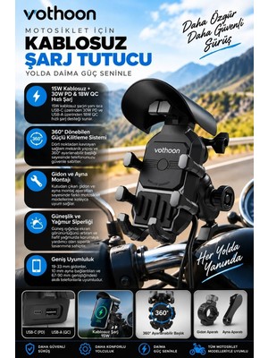 İlkyaz Fashion Ifk Şarjlı Motosiklet Telefon Tutucu Güneş ve Yağmur Korumalı 15W Kablosuz 360° Döner Gidon ve Ayna Bağlantılı