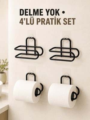 İlkyaz Fashion Ifk Siyah 4 Adet Metal Tuvalet Kağıdı Tutucu Kendinden Yapışkanlı Delmeden Montaj Banyo Askısı