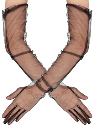 İlkyaz Fashion Ifk Uzun Boy Likralı Siyah Renk Yetişkin Mega Tül Eldiven 53 cm