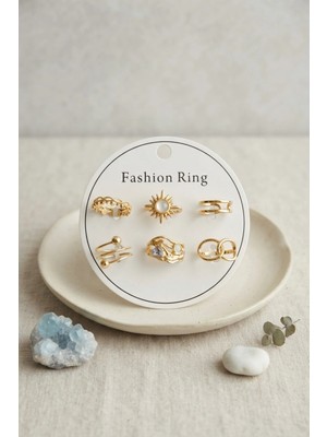 İlkyaz Fashion Ifk Gold Renk Pirinç Güneş Detaylı 6'lı Yüzük Seti BYK4313 TCXBYK4313