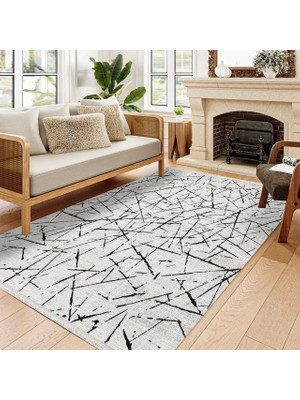 Hali.Net Beyaz Modern Geometrik Desenli Salon Halısı Toz Vermez Koridor Makine Dokuma