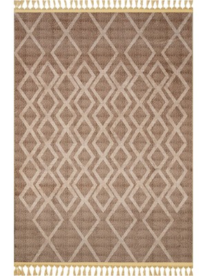 Hali.Net Kahverengi Salon Halısı Modern Geometrik Desenli Bambu Polyester Karışımlı