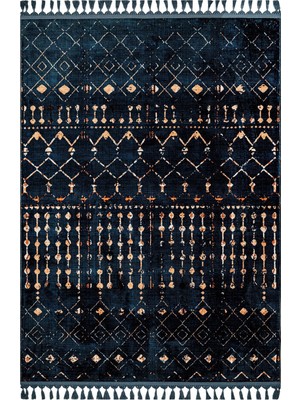 Hali.Net Lacivert Halı Eskitme Desenli Salon Halısı Geometrik Motifli Etnik Stil Bambu Polyester