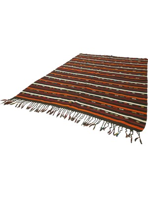 Hali.Net Kilim Koyu Kahve Turuncu Salon Yatak Odası El Dokuma Etnik Çizgili Geometrik Dokulu