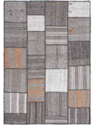 Hali.Net Gri Halı Salon Kilimi El Dokuma Etnik Patchwork Desenli Yün Yatak Odası