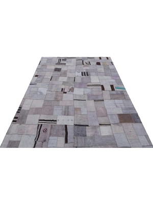 Hali.Net Gri Patchwork Dokuma Salon Kilimi El Dokuma Yün Pamuk Karışımı Etnik Stil