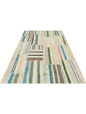 Hali.Net Ekru Bej El Dokuma Geometrik Patchwork Modern Salon Kilimi Yün Pamuk Düz Dokuma
