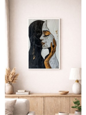 Siyah Beyaz Kadın Silüetleri ve Altın Dokunuşlar Soyut Modern Sanat Dekoratif Duvar Tablosu (Çerçeve Seçenekli)