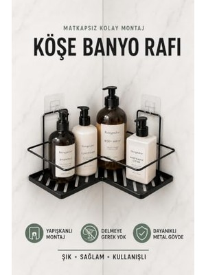Siyah Yapışkanlı Metal Banyo Düzenleyici Banyo Köşe Raf Şampuanlık ve Duş Rafı Organizer MT128S
