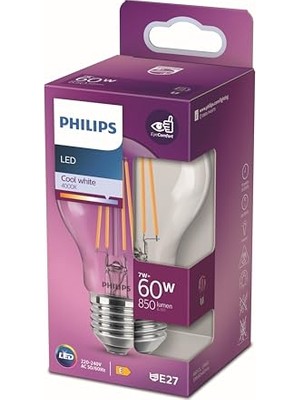 Die Grup Philips LED Classic 60W A60 Filament Ampul, 4000K Soğuk Beyaz, E27 Normal Duy, Dim Edilmez