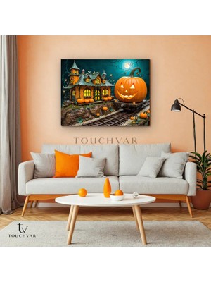 Touchvar Yatay Kanvas Tablo Cadılar Bayramı Evi ve Balkabağı Illüstrasyon Tablo Ev Ofis Duvar Dekoru
