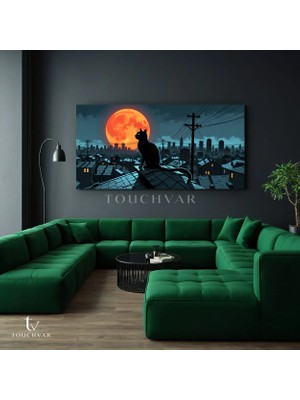 Touchvar Yatay Panoramik Kanvas Tablo Şehirde Kedi Hayvan Tablosu Ev Ofis Duvar Dekoru