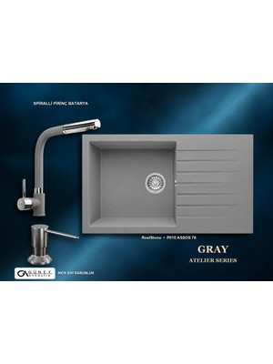 Güney Ankastre Realstone Gri Atelier Evye Batarya Seti - Assos 76 Xl P010 76X43,5 cm + Spiralli Pirinç Batarya + Inox Sıvı Sabunluk
