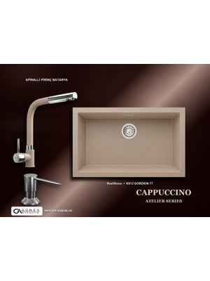 Güney Ankastre Realstone Cappuccino Atelier Evye Batarya Seti - Gordion 77 K013 77X47,5 cm + Spiralli Pirinç Batarya + Inox Sıvı Sabunluk