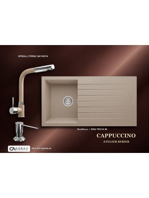 Güney Ankastre Realstone Cappuccino Atelier Evye Batarya Seti - Troya 86 P004 86X50 cm + Spiralli Pirinç Batarya + Inox Sıvı Sabunluk