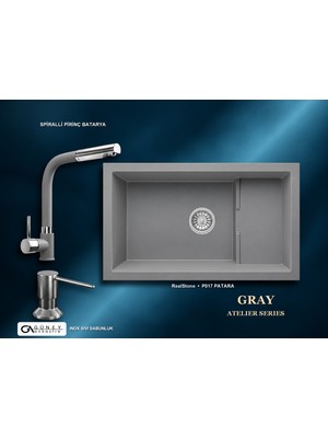 Güney Ankastre Realstone Gri Atelier Evye Batarya Seti - Patara P017 77X46 cm + Spiralli Pirinç Batarya + Inox Sıvı Sabunluk