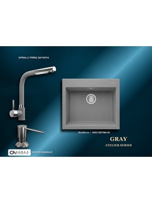 Güney Ankastre Realstone Gri Atelier Evye Batarya Seti - Didyma 60 K002 60X53 cm + Spiralli Pirinç Batarya + Inox Sıvı Sabunluk