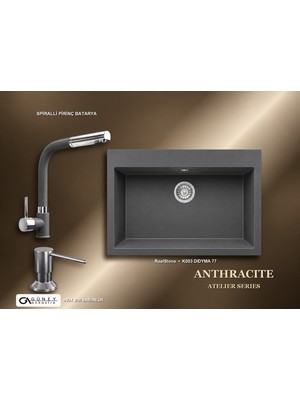 Güney Ankastre Realstone Antrasit Atelier Evye Batarya Seti - Didyma 77 K003 77X53 cm + Spiralli Pirinç Batarya + Inox Sıvı Sabunluk