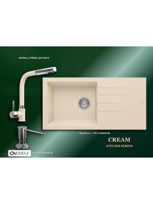Güney Ankastre Realstone Krem Atelier Evye Batarya Seti - Assos 86 Xl P011 86X43,5 cm + Spiralli Pirinç Batarya + Inox Sıvı Sabunluk