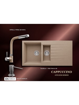 Güney Ankastre Realstone Cappuccino Atelier Evye Batarya Seti - Troya 100 P005 100X50 cm + Spiralli Pirinç Batarya + Inox Sıvı Sabunluk