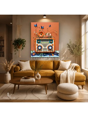 Touchvar Dikey Kanvas Tablo Retro Radyo ve Çiçekler Bitki Tablosu Ev Ofis Duvar Dekoru