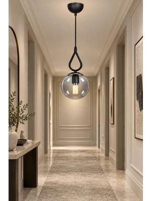 Esslight Mendy Tekli Siyah Sarkıt Füme Camlı Avize Antre Hol