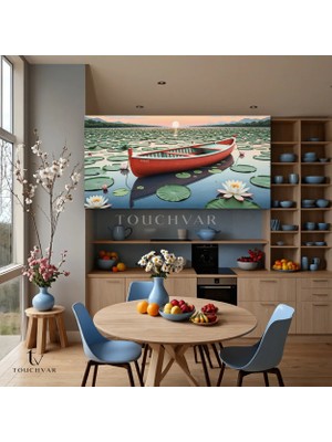 Touchvar Yatay Panoramik Kanvas Tablo Nilüfer Gölü ve Sandal Manzara Tablosu Ev Ofis Duvar Dekoru