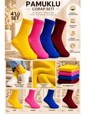 Mdm Style Pamuklu Düz Soket Çorap 4'lü Set Sarı-Pembe-Saks-Bordo