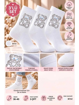 Mdm Style Parlak Taş Işlemeli Ayıcık Desenli Beyaz Çorap 3'lü Set