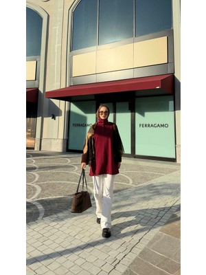 Wo Home Kadın Kolu Kürk Detaylı Dik Yaka Düğmeli Oversize Tesettür Tunik / Süveter
