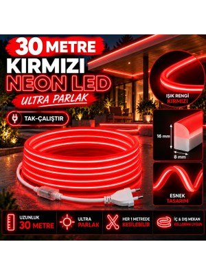 Borsan 30 Metre 220V Kırmızı Neon LED 8X16 mm Ultra Parlak IP65 Suya Dayanıklı Fişli Tak Çalıştır Esnek Şerit LED Iç Dış Mekan Dekoratif Aydınlatma MONTAJ APARATI DAHİL