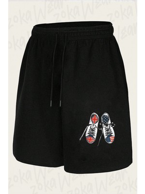 Zoka Wear Ingiltere Amerika Bayrakli Ayakkabi Illustration Tasarim Baskılı Şort Unisex