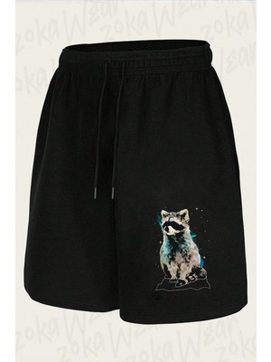 Zoka Wear Rakun Baskili Unisex Siyah Baskılı Şort Unisex