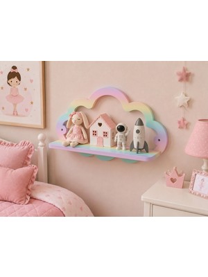 Ude Desing 3D 3D Baskı Pastel Renkli Çok Bölmeli Çocuk Odası Bulutlu Duvar Rafı - Bebek Odası Dekoratif Kitaplık ve Oyuncak Düzenleyici