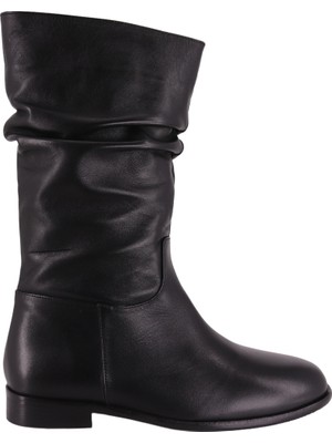 Hobby Kadın Siyah Deri Yuvarlak Burunlu Düz Topuklu Slouch Bot