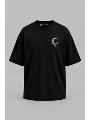 Bahriyeli Collection Oversize Dalga Desenli Ç Harfi Tasarımlı Cep Baskılı Unisex T-Shirt