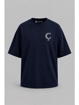 Bahriyeli Collection Oversize Dalga Desenli Ç Harfi Tasarımlı Cep Baskılı Unisex T-Shirt