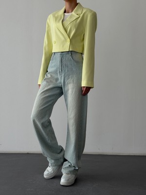 Quzu Vatka Detaylı Crop Blazer Ceket Sarı