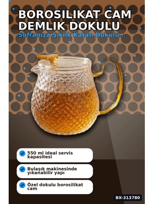 La Boom 550 ml Borosilikat Cam Demlik Isıya Dayanıklı Dokulu Gövdeli Kapaklı Detay BX-313780