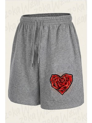 Zoka Wear Kalp ve Gul Tasarim Baskılı Şort Unisex