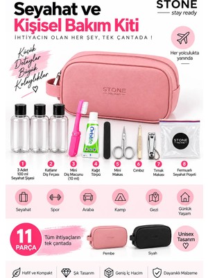 Stone 11 Parça Seyahat Kiti - Vegan Deri Çantalı - Pudra Pembe