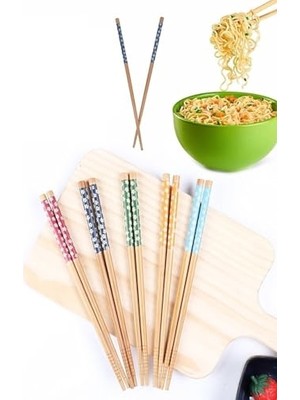 Ceylan Adam 5 Çift Chopstick Yıkanabilir Organik Ahşap Desenli Bambu Yemek Çubuğu