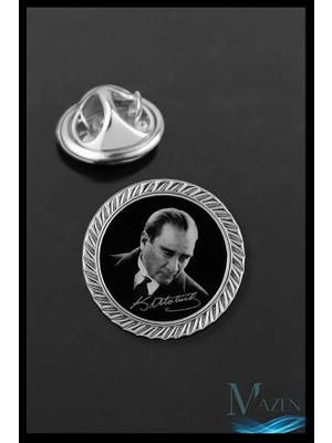 Atatürk Portreli Yuvarlak Yaka Rozeti, Metal Kararmaz, Siyah Zeminli, Unisex Aksesuar