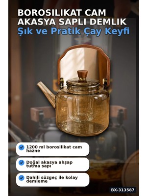 La Boom Borosilikat Cam Demlik 1200 ml Akasya Saplı Süzgeçli Bulaşık Makinesinde Yıkanabilir BX-313587