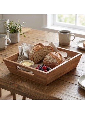 Ceylan Adam Akasya Ekmek Sepeti 20 x 20 Cm, Kulplu Ahşap Ekmeklik, Kare Kahvaltı ve Sunum Sepeti, Poğaça, Kruvasan, Sandviç, Meyve ve Atıştırmalık Servis Kutusu