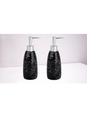 Ceylan Adam Mermer Desenli Siyah Banyo Seti, 2 Adet Sıvı Sabunluk, 8X8X17 Cm, 300 ml