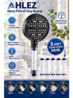 Ahlez Nova Filtreli Duş Başlığı ve 5 Yedek Filtre | Su Arıtmalı, Klor ve Kireç Önleyici